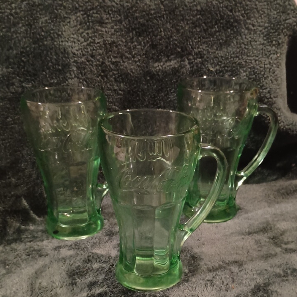 Coca-Cola Green Libbey Glass with handles. Set of 3 NO CALL OUTS.
